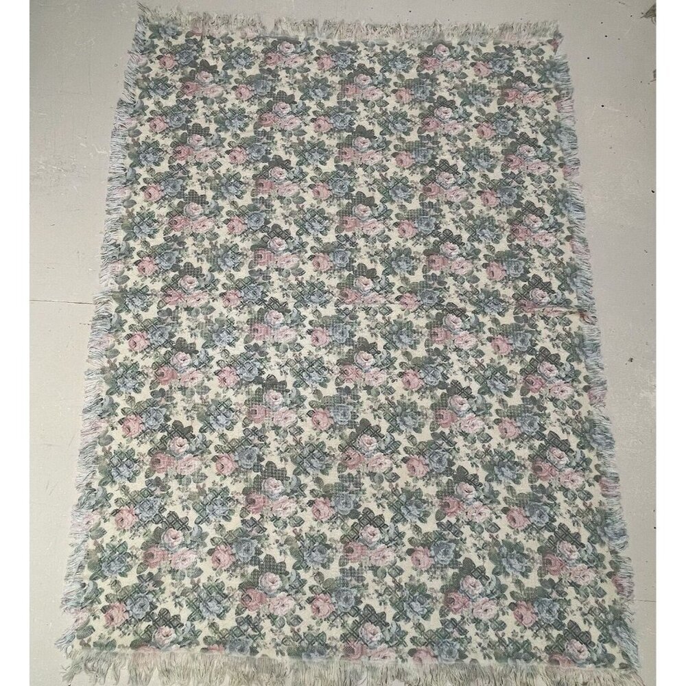 European Classics Simply Country Rose Throw Blanket Fringe Pink Flower Power Vtg